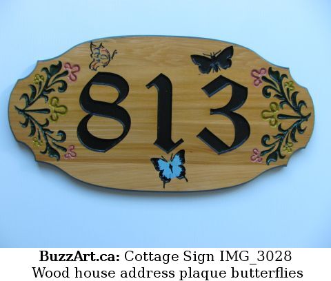 Wood house address plaque butterflies